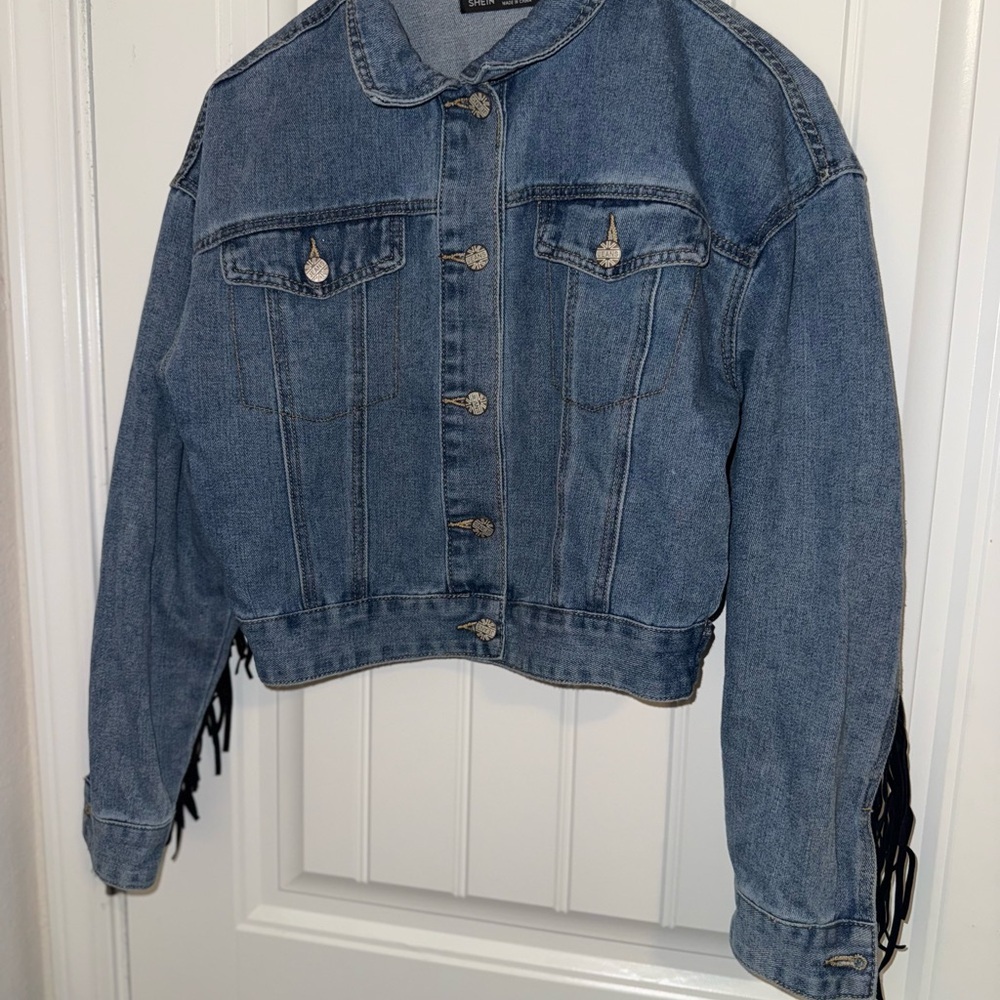 SHEIN Jean Jacket Blue and Black with Fringe and Animal Print - Picture 12 of 13